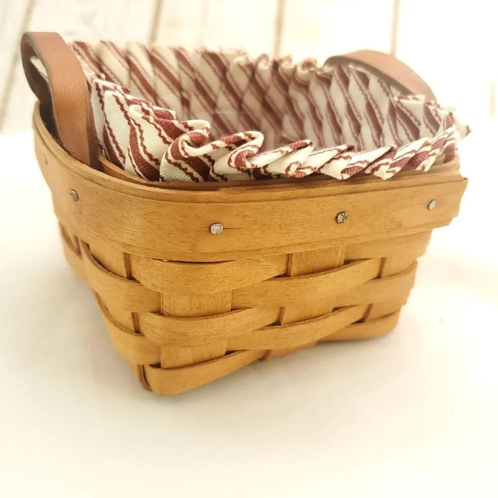 Longaberger Brown Leather Double Handle And Liner Handwoven Picnic Basket